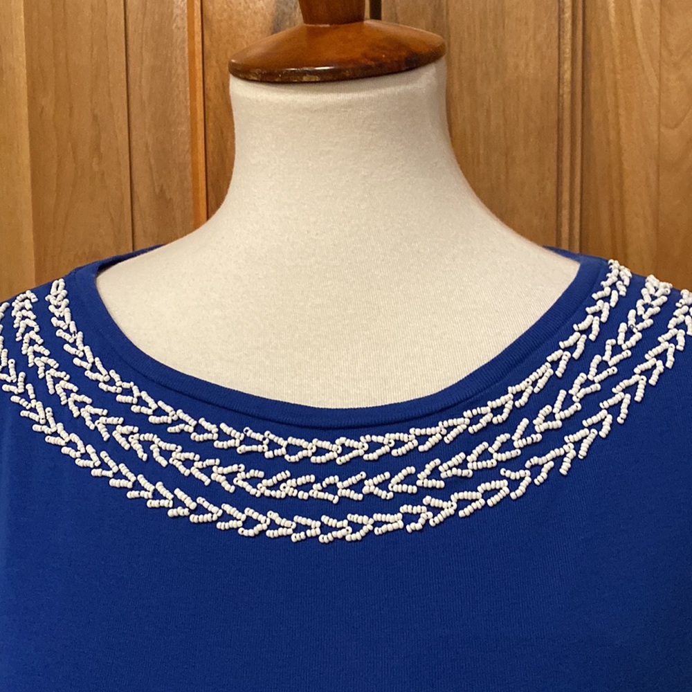Talbots - Petites - Blue Scoop-Neck Tee/White Beaded Neckline Detail - EUC - XLP - Picture 3 of 14